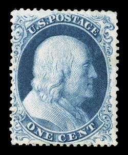 21, 1c Blue, Ty. III, position 59L4, rare unused example, strong rich color and an excellent clarity of impression on fresh white paper, well centered and margined for this,
small corner crease and faint thin spot (latter not mentioned on accomp