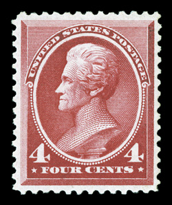 215, 4c Carmine, exceptionally well centered though reperforated at right, strong color, o.g., never hinged, extremely fine appearance clear 1994 PF certificate and a 2008 PF
certificate.