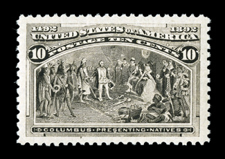 237, 10c Columbian, a stunning mint single, being incredibly well centered within huge jumbo margins which are seldom encountered, glorious rich color and a razor-sharp
impression on immaculate white paper, full intact perforations all around, o