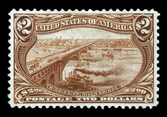 293, $2.00 Trans-Mississippi, an extraordinarily choice mint single, being remarkably well centered amid much larger margins than typically found on this high value, rich
luxuriant color, strong detailed impression, o.g., relatively lightly hing