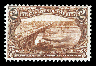 293, $2.00 Trans-Mississippi, deep vibrant color, better centering and much larger margins than usual, o.g., lightly hinged, very fine 1988 PF certificate.