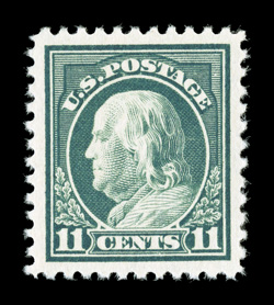 511, 11c Light green, extravagantly large and perfectly balanced margins all around, prooflike color and impression on immaculate paper, o.g., never hinged, superb a pristine
gem 1995 PF certificate and a 2005 PSE certificate (Superb 98 SMQ $