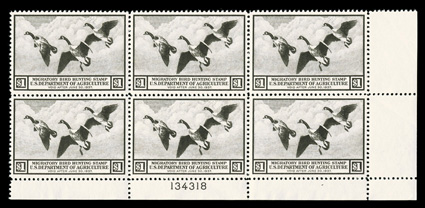 RW3, 1936 $1.00 Brown black, highly select bottom right margin plate no. 134318 block of six, remarkably well centered throughout, strong color, o.g., n.h., light natural gum
bends as usual, extremely fine.