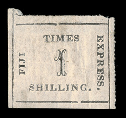 S.G. 9, 1871 1- Black on rose Fiji Times Express, position 7, desirable mint single, full roulettes on two sides, sharp impression, original gum, minor h.r., light crease,
otherwise very fine original gum examples of the Fiji Times stamps ar