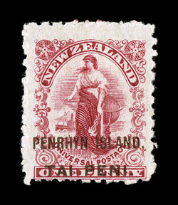 S.G. 3, 1902 1d Carmine surcharged PENRHYN ISLAND. in brown, perforated 11, bright and fresh, typical centering and perforations for this elusive stamp, o.g., fine 1989 Brandon
certificate ex-Sovereign (Scott 2a $1,000.00).