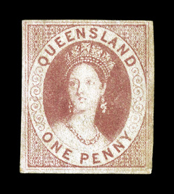 S.G. 1, 1860 1p Carmine rose, unused, large margins all around, stamp has been lightly cleaned resulting in the color being just slightly faded, still of very fine appearance
1991 BPA certificate ex-Sovereign (Scott 1 $4,750.00).