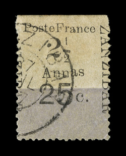 35, 1897 2½a on 25c Black on lavender, Yvert type I, used as are all of the few known examples, strong impression, light c.d.s., insignificant corner perf. crease, fine a very
rare stamp which is seldom offered at auction signed A. Brun and ac
