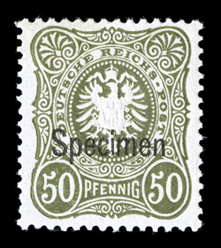 Michel 39IISP-44IISP, 41Ia, 42IIc, 45e, 46c, 1886-99 Small Eagle and Large Numeral-Eagle selection including a set of the Small Eagle “Pfennig” issue Specimens, mint 10pf
Bright rose red and 20pf Dark Ultramarine of the same issue, the later iss