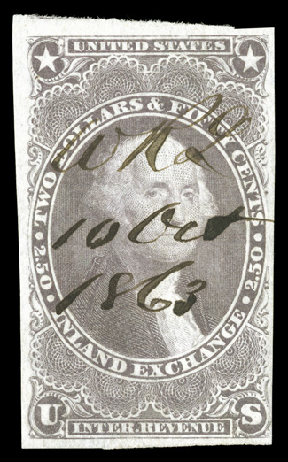 R84a, $2.50 Inland Exchange, imperforate, ample to huge margins all around including a portion of the adjoining stamp at top, strong color and impression, 1863 ms. cancel,
light horizontal crease in bottom margin, otherwise a very fine example o