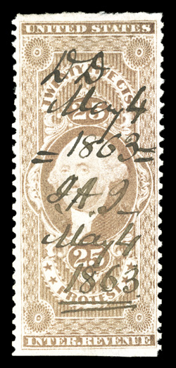 R49b, 25c Protest, part perforated, attractive fresh color, nicely centered, 1863 ms. cancel, very fine 2003 PSE certificate (F 70).