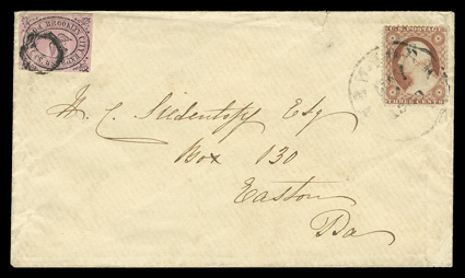26, 3c Dull red, Ty. II, tied by New YorkMay 4 1859 c.d.s. and used with Brooklyn City Express Post, Brooklyn N.Y., 2c Black on Pink local (28L4), which is tied by a black ring
cancel, on cover to Easton, Pa., cover with small tear at to