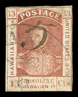 7, 5c on 13c Dark red, manuscript 5 provisional issue, used single with close to ample margins, just touching frame line at bottom, light San Francisco c.d.s., a few thins
which are quite typical of this extremely rare provisional surcharge us