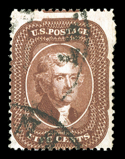 28A, 5c Indian red, Ty. I, deep intense color, lightly cancelled, a fine example of this rare stamp 1997 PF certificate for a strip of four on piece, this being the middle
stamp.