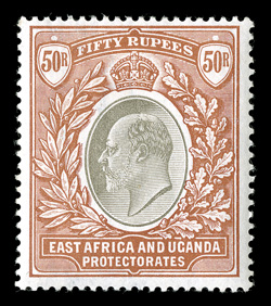 16, 1903 50R Orange brown and black, an unusually fresh mint example of this scarce high value, with bright colors on crisp white paper, clean o.g. that has been lightly
hinged only once, very fine (S.G. 16 £1,600).