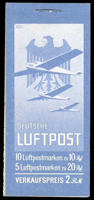 Michel MH 19, 1930 2M Eagle Air Mail complete booklet with ultramarine cover, containing a pane of ten of the 10pf Red and a pane of five plus five X labels of the 20pf Dark
gray blue, each pane followed by a sheet of interleaving with air mail