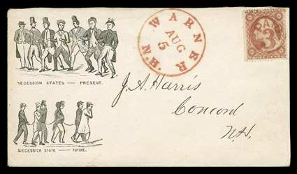26, 3c Dull red, Ty. II, single cancelled by perfectly struck red Paid3 in circle on Secession States - PresentSecession State - Future patriotic cover to Concord, N.H.,
matching bold Warner, N.H.Aug 5 datestamp, fresh and extremely fi