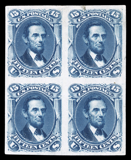 77TC3, 15c Deep blue, trial color plate proof on India, a very rare block of four, four large and well balanced margins, rich color, top pair (primarily in top margin) with
small thins and translucent spot from hinging as is typical to India pro