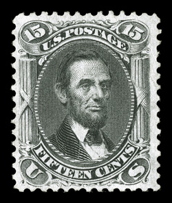 77, 15c Black, unused, exceptionally well centered within large margins, attractive color, a couple really trivial corner creases, choice very fine appearance 2003 PF
certificate.