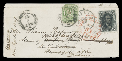 77, 15c Black, fine single, tied to 1867 small cover originally to Frankfurt, Prussia (Germany), then redirected locally with a Prussian stamp, U.S. stamp with central bold
cork cancel, matching Buffalo, N.Y.Aug 29 c.d.s. alongside, stamp