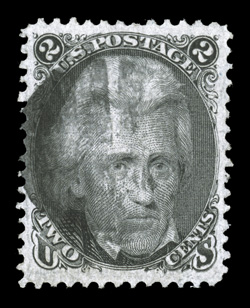 93, 2c Black, F grill, a highly desirable used example, exceedingly well centered within extraordinarily large margins all around, strong color and impression, light cork
cancel, extremely fine 2009 PF certificate.
