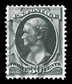 143, 30c Black with grill, a lovely used example of this truly rare and difficult stamp to find in such premium quality, first being completely free of any flaws which
typically plague most existing copies, and with easily identifiable grill poi