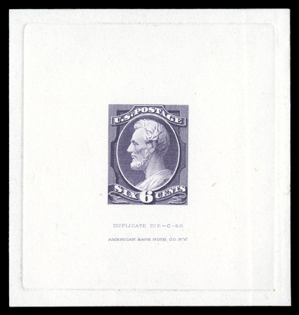 208TC1, 6c Dark violet, large die trial color proof, die sunk on card measuring 70x74mm, showing full die sinkage, with Duplicate Die - C - 60American Bank Note Co. N.Y.
imprint below, choice very fine another scarce and striking large die t