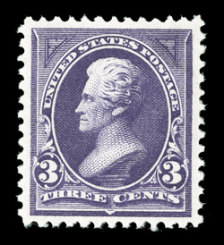 221, 3c Purple, excellent centering within large margins, brilliantly rich color on especially fresh paper, o.g., lightly hinged, extremely fine 2009 PSE certificate (XF-Superb
95 SMQ $310.00).