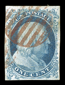 5A, 1c Blue, Ty. Ib, position 8R1E, an extraordinarily handsome appearing used example of this very rare stamp, being one of two positions that are considered to show this type
the best, possessing exceptionally large margins all around, bright