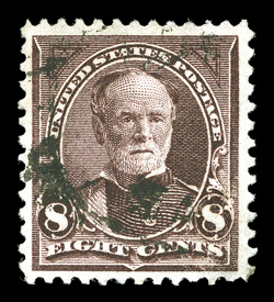272a, 8c Violet brown, watermarked USIR in error, an uncommonly select used single showing a clear I in the watermark, with much better centering and larger margins than
typically found on this scarce stamp, deep intense color as well, light