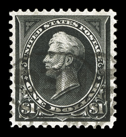 276, $1.00 Black, Ty. I, unusually well centered and margined, strong color and a detailed impression, fairly light cancel, extremely fine 1994 PF certificate and a 2009 PSE
certificate (XF 90 SMQ $290.00).