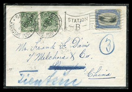 297, 5c Pan-American, tied by Station B slogan cancel on 1901 cover to Shanghai, China, where it was forwarded to Tientsin, German Offices in China 5pf Green (2) pair  tied by
Shanghai Deutsche Post1910 01 c.d.s. postmarks, with bac