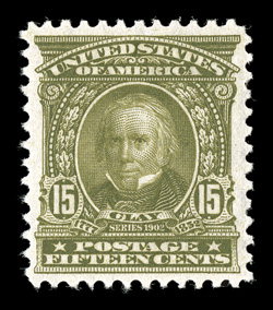 309, 15c Olive green, very well centered within large margins, intensely rich color and a well defined impression, pristine o.g., n.h., extremely fine 2005 PSE certificate
(VF-XF 85 SMQ $720.00).