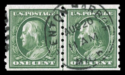 392, 1c Green coil, perf. 8 12 vert., used guide line pair with Benton Harbor, Mich. c.d.s., well centered and fresh, very fine 2001 PSE certificate.