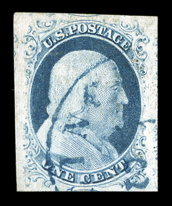 9, 1c Blue, Ty. IV, position 49L1L, striking used single, with huge margins all around including portions of the adjoining stamp on all four sides, rich color, light blue
Cincinnati c.d.s., extremely fine gem 1980 PF certificate and a 2009 PSE