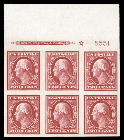 384, 2c Carmine imperforate, full top margin imprint, star and plate no. 5551 block of six, lavish margins all around, strong rich color and impression on bright paper, o.g.,
n.h., extremely fine.