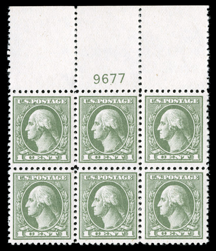 525, 1c Gray green offset, full top margin plate no. 9677 block of six, wonderfully well centered, crisp and intact, pristine o.g., n.h., extremely fine
ex-Gray.