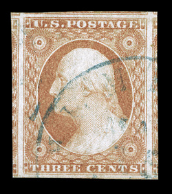 11A var., 3c Orange red, Ty. II, a stunning used single that sports extraordinarily large margins all around including even portions of the adjoining stamps a top, left and
right, attractive color in this difficult shade, light blue c.d.s. cance