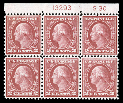 540, 2c Carmine rose coil waste, Ty. III, perf. 11x10, choice top margin S30 and plate no. 13293 block of six, incredibly well centered throughout, strong and intact, o.g.,
n.h., extremely fine rarely encountered this well centered.