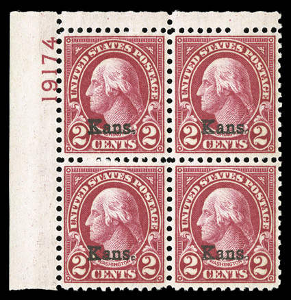 660, 2c Kans. ovpt., flawless top left corner margin plate no. 19174 block of four, perfectly centered, post office fresh, o.g., n.h., an extremely fine gem
ex-Gray.
