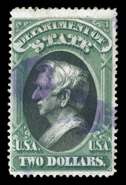 O68, $2.00 State, scarce used single, well centered within large margins, strong rich colors, light violet cancel, very fine 1987 PF certificate.