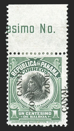 46d, 1c Light green and black, Canal Zone double, one reading Zone Canal, top sheet-margin single with partial imprint, o.g., h.r., horizontal crease, fine appearance only 18
such errors were printed (CZSG 46d).
