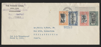 42-45, 1c-10c Pictorials cplt., each a left sheet-margin single (10c bottom left margin single) neatly arranged and tied to a registered legal size first day cover by
Cristobal, Mar 1, 1915 duplex, sent to Philip Ward in Philadelphia, regist
