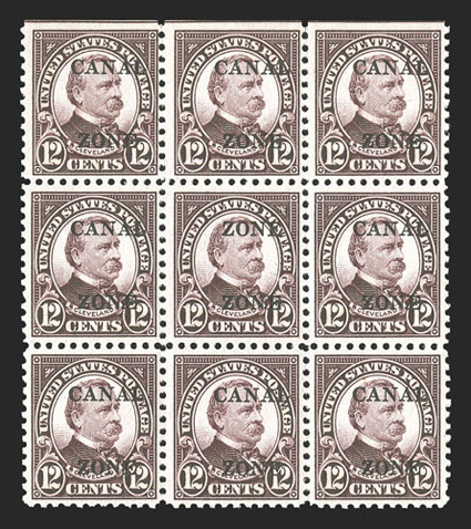 88a, 12c Brown violet, Zone Zone overprint, the error being the middle stamp in a block of nine, deep intense color, tropicalized o.g., very fine like its 10c counterpart, the
12c Zone Zone error was noticed by postal officials and nearly a