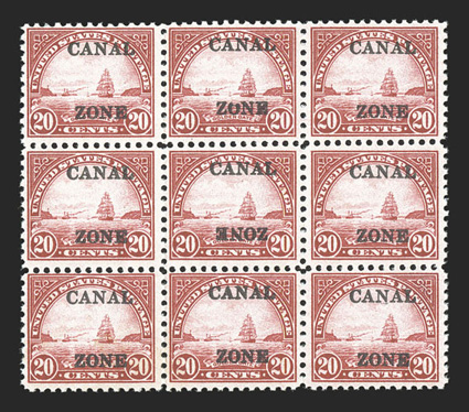 92b, 20c Carmine rose, Zone inverted, the error being the middle stamp in a block of nine (position 76 in the sheet), deep vibrant color, o.g., never hinged, fine there are
only three recorded copies of this error, all three have similar