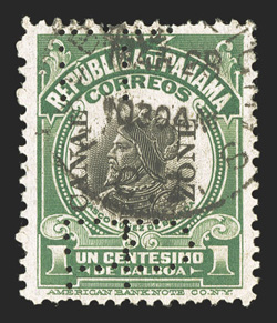 55 var., 1c Light green and black, with perforated P double, with both Ps reversed, well centered, fairly light cancel, small crease at top right, otherwise very fine
reportedly the only example of the double P perfin variety ever recor