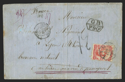 Lima, Peru to Lyon, folded cover franked by Peru 1866-67 10c Vermilion (17) tied by Lima13 Feb, 868 datestamp and bearing special instruction in French not to be released
without a passport, red LondonMr 16, 68 transit backstamp and hexa