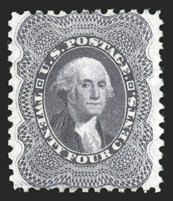 45, 24c Blackish violet reprint, without gum as issued, well centered within wide margins, bright fresh color, single slightly shorter perf. at bottom, otherwise very fine only
479 sold.