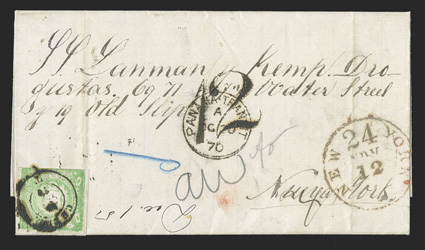 Peru to New York, pair of Lanman & Kemp correspondence folded letters paid to port by 1868 1d Green, first from Cuzco with Lima transit backstamp, British Post Office Panama
TransitOc 20, 71 postmark overstruck with 12 due handstamp arriving