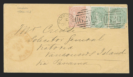 U.K. to Victoria, Vancouver Island, cover with Via Panama directive franked by horizontal pair 1856 1- Green (28, one with corner missing) and 1862 4d Vermilion (34, corner
missing) tied by two strikes of PlymouthDe15, 62 duplex, red Lond