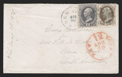New York to Lima, Peru, Davis correspondence cover franked by 1870-71 10c Brown (150) and 12c Dull violet (151) cancelled by segmented cork and tied by New YorkApr 30
datestamp, red New York12Apr 30 exchange office datestamp and Lima bac